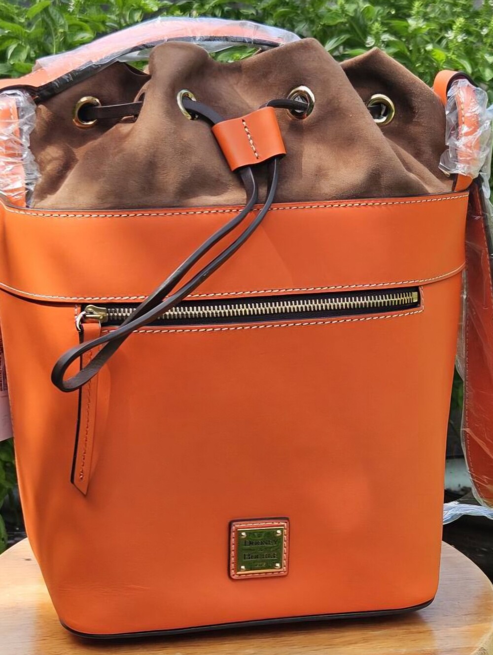 Dooney & Bourke Pumpkin Pebble Leather Suede-Trim Drawstring Shoulder/Hobo Bag